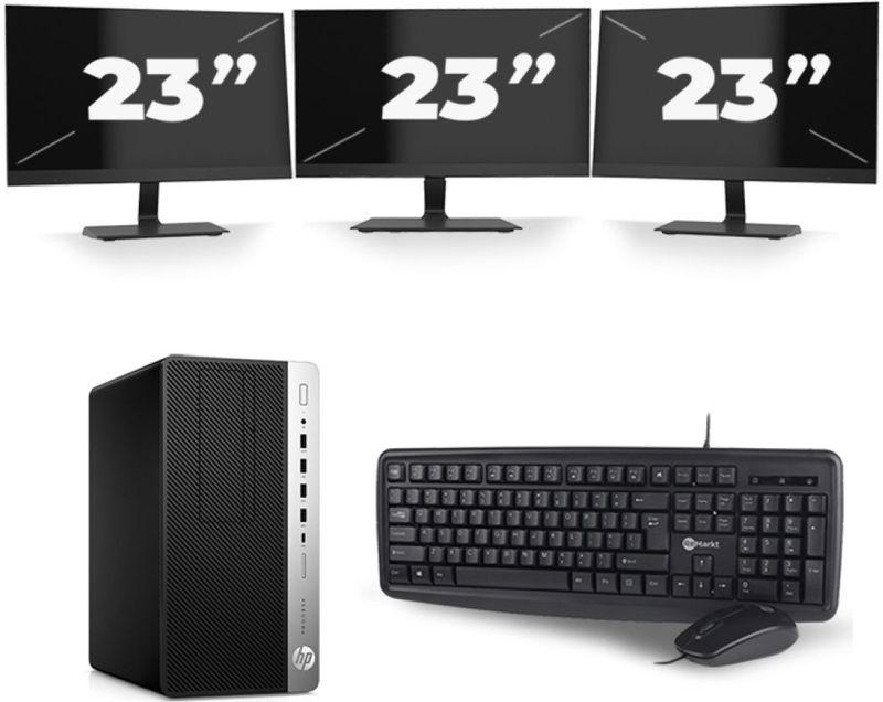 HP ProDesk 600 G3 Micro Tower - Intel Core i7-6e Generatie - 16GB RAM - 256GB SSD - Windows 11 + 3x 23 inch Monitor Nette Staat