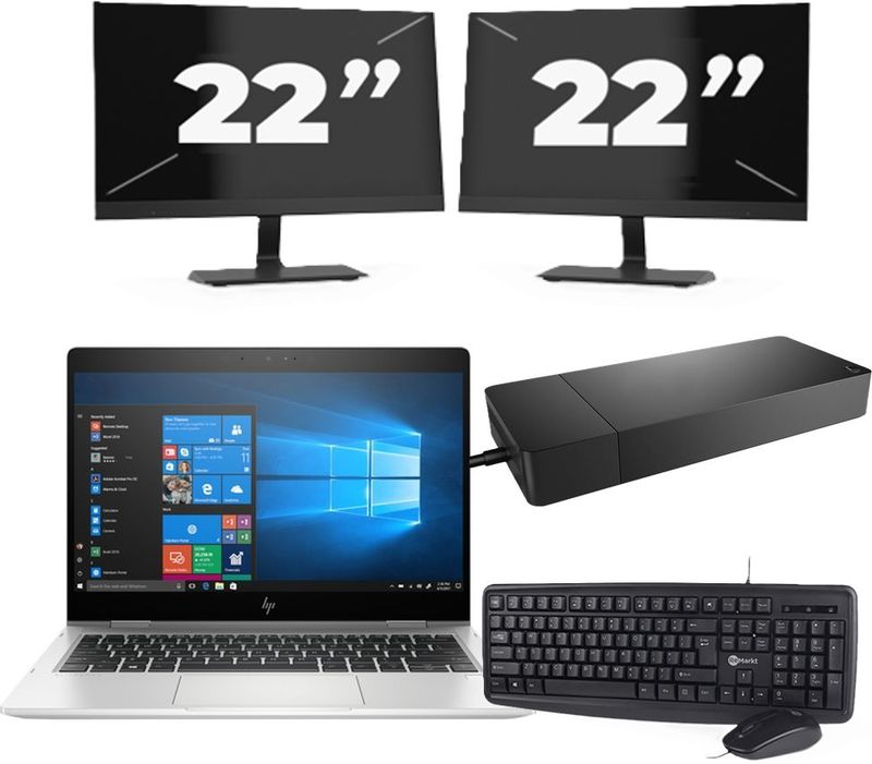 HP EliteBook x360 830 G6 - Intel Core i5-8e Generatie - 13 inch - 16GB RAM - 256GB SSD - Windows 11 Home + 2x 22 inch Monitor Zichtbaar gebruikt
