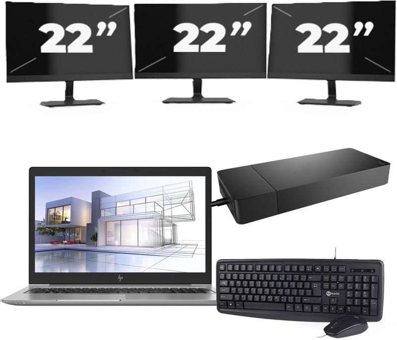 HP ZBook 15u G5 - Intel Core i7-8e Generatie - 15 inch - 16GB RAM - 256GB SSD - Windows 11 + 3x 22 inch Monitor Nette Staat