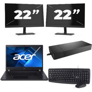 Acer TravelMate P214-53 - Intel Core i3-11e Generatie - 14 inch - 16GB RAM - 256GB SSD - Windows 11 Home + 2x 22 inch Monitor Zichtbaar gebruikt