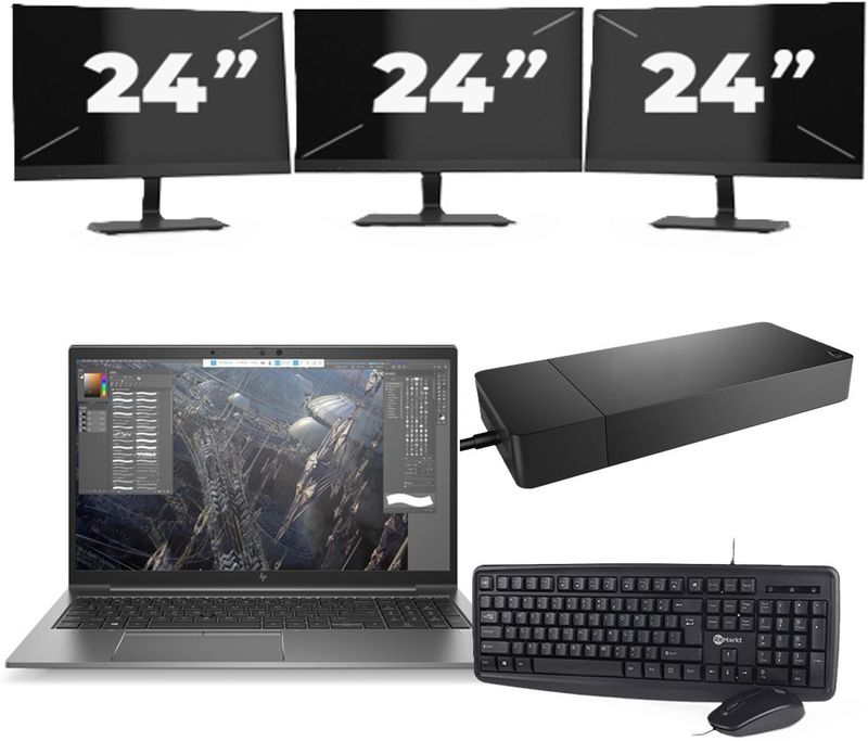 HP ZBook Firefly 15 G7 - Intel Core i7-10e Generatie - 15 inch - 16GB RAM - 256GB SSD - Windows 11 + 3x 24 inch Monitor Nette Staat