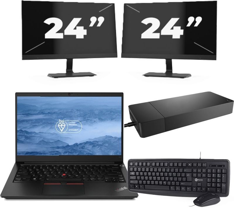 Lenovo ThinkPad E14 - Intel Core i3-10e Generatie - 14 inch - 16GB RAM - 256GB SSD - Windows 11 + 2x 24 inch Monitor Zichtbaar gebruikt