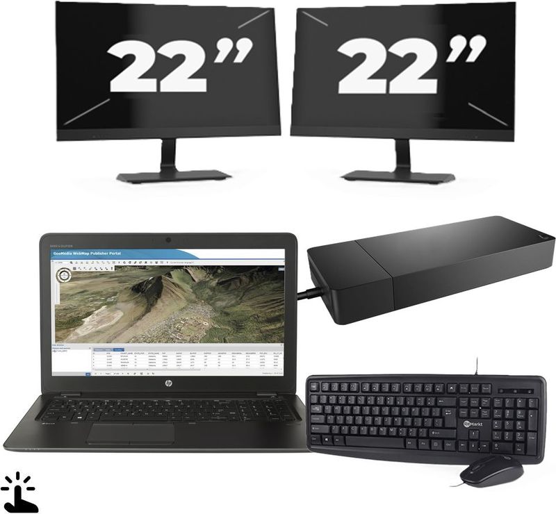 HP ZBook 15u G3 - Intel Core i7-6e Generatie - 15 inch - Touch - 16GB RAM - 256GB SSD - Windows 11 Home + 2x 22 inch Monitor Zichtbare schade