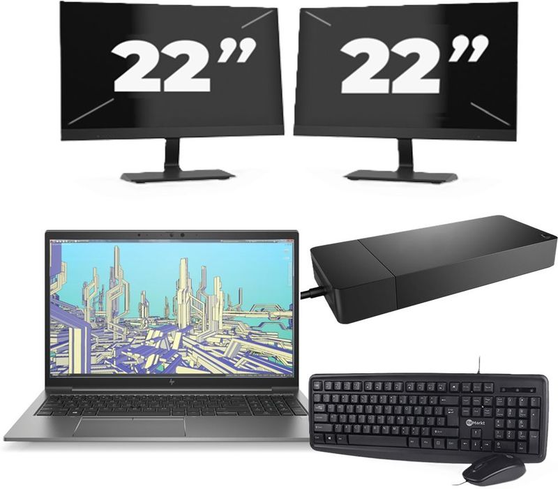 HP ZBook Firefly 15 G8 - Intel Core i7-11e Generatie - 15 inch - 16GB RAM - 256GB SSD - Windows 11 Home + 2x 22 inch Monitor Zichtbaar gebruikt