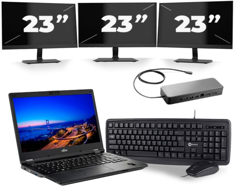 Fujitsu LifeBook E549 - Intel Core i5-8e Generatie - 14 inch - 16GB RAM - 256GB SSD - Windows 11 + 3x 23 inch Monitor Nette Staat