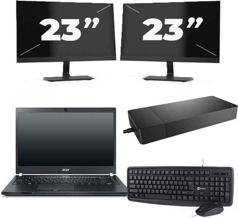 Acer TravelMate P645-SG - Intel Core i7-5e Generatie - 14 inch - 8GB RAM - 256GB SSD - Windows 11 Home + 2x 23 inch Monitor Nette Staat