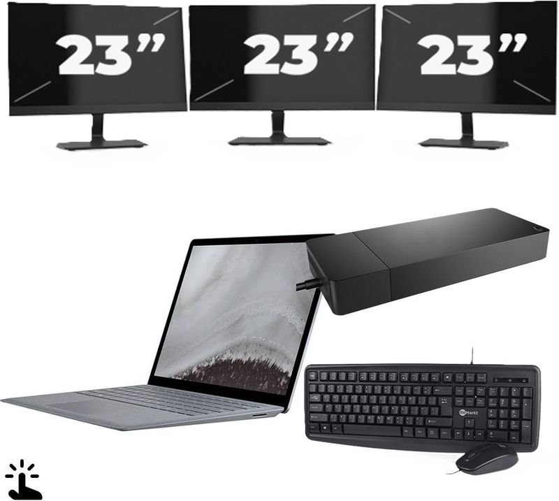 Microsoft Surface Laptop 2 - Intel Core i7-8e Generatie - 12 inch - Touch - 8GB RAM - 256GB SSD - Windows 11 Home + 3x 23 inch Monitor Zichtbaar gebruikt