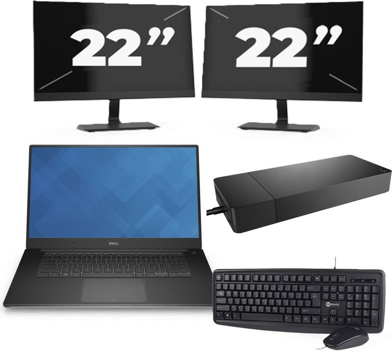 Dell Precision 5510 - Intel Core i7-6e Generatie - 15 inch - 16GB RAM - 256GB SSD - Windows 11 + 2x 22 inch Monitor Zichtbaar gebruikt