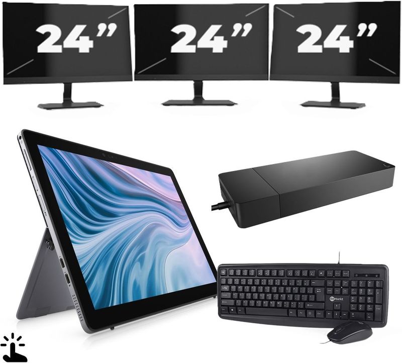 Dell Latitude 7210 - Intel Core i7-10e Generatie - 12 inch - Touch - 16GB RAM - 256GB SSD - Windows 11 Home + 3x 24 inch Monitor Zichtbaar gebruikt