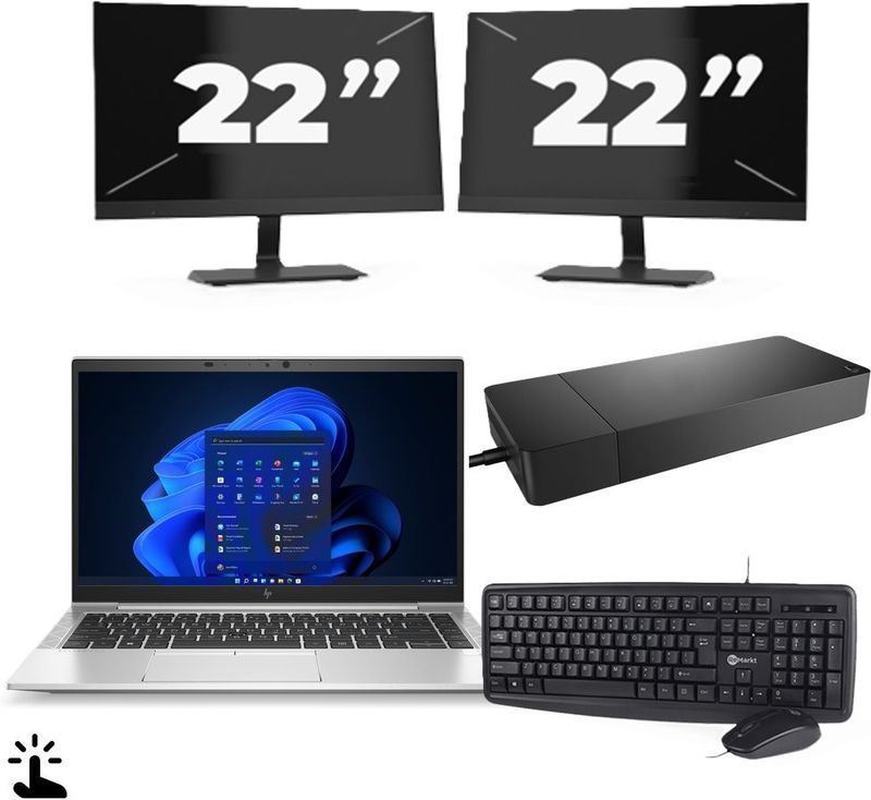 HP EliteBook 845 G8 - AMD Ryzen 7 PRO 5850U - 14 inch - Touch - 16GB RAM - 256GB SSD - Windows 11 Home + 2x 22 inch Monitor Nette Staat