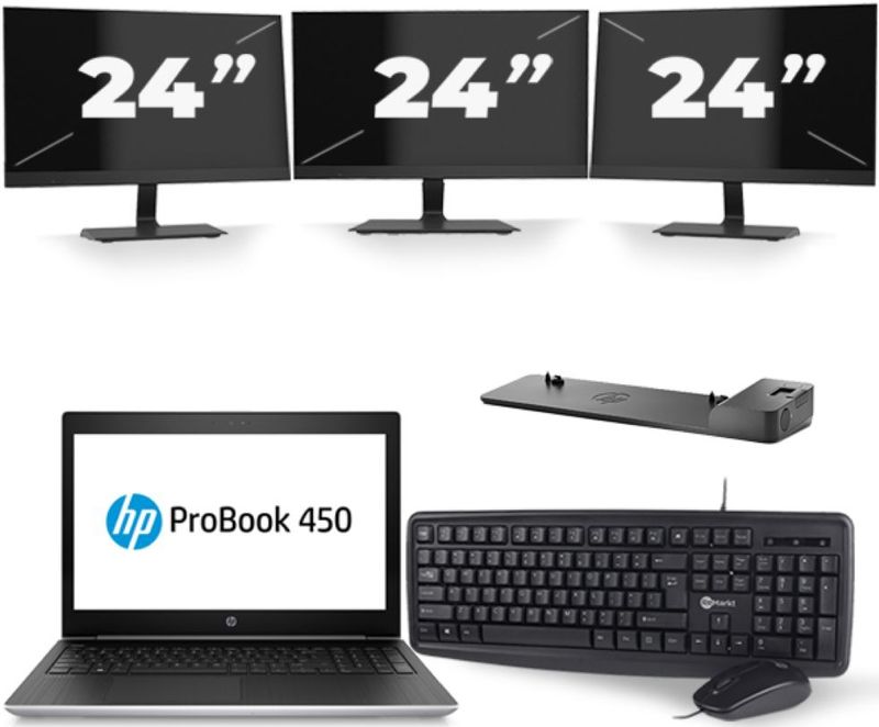 HP ProBook 450 G5 - Intel Core i5-8e Generatie - 15 inch - 16GB RAM - 256GB SSD - Windows 11 + 3x 24 inch Monitor Zichtbare schade