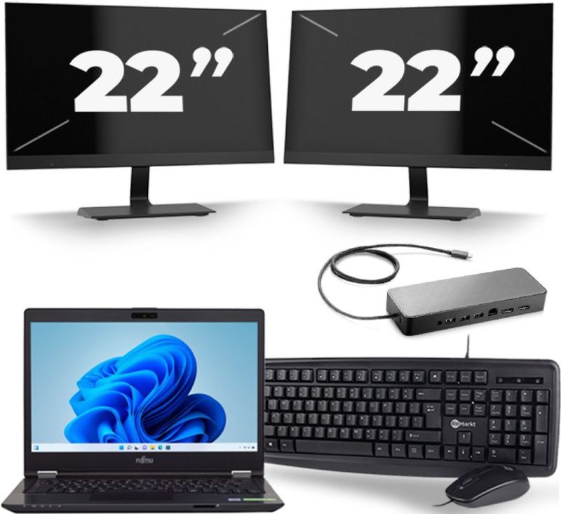 Fujitsu LifeBook U749 - Intel Core i5-8e Generatie - 14 inch - 16GB RAM - 256GB SSD - Windows 11 + 2x 22 inch Monitor Zichtbare schade