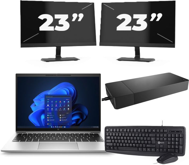 HP EliteBook 830 G9 - Intel Core i7-12e Generatie - 13 inch - 16GB RAM - 256GB SSD - Windows 11 Home + 2x 23 inch Monitor Zichtbaar gebruikt