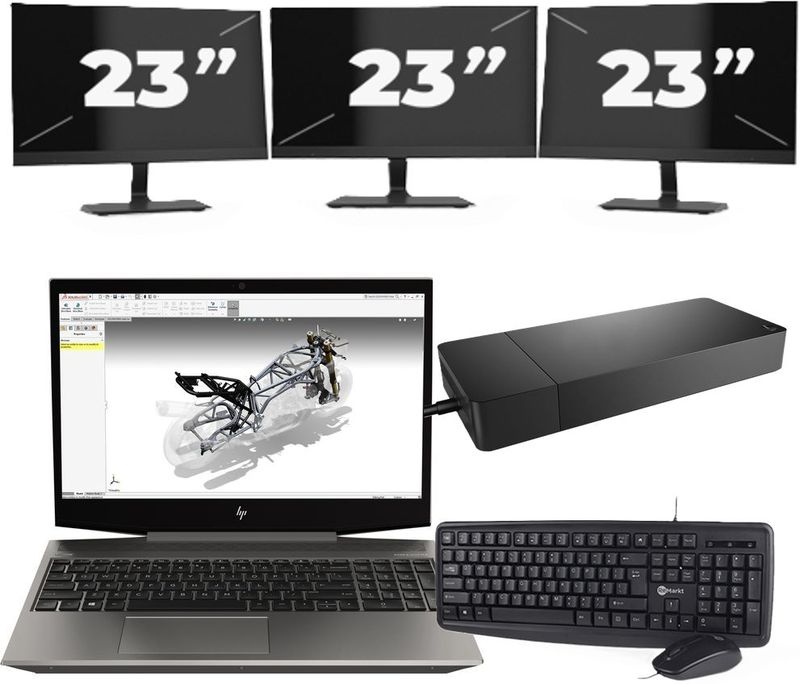 HP ZBook 15v G5 - Intel Core i7-9e Generatie - 15 inch - 16GB RAM - 256GB SSD - Windows 11 Home + 3x 23 inch Monitor Nette Staat