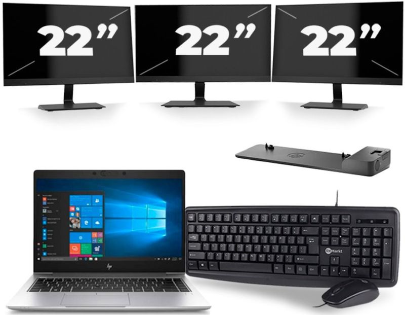 HP EliteBook 745 G6 - AMD Ryzen 5 3500U - 14 inch - 16GB RAM - 256GB SSD - Windows 11 Home + 3x 22 inch Monitor Zichtbaar gebruikt