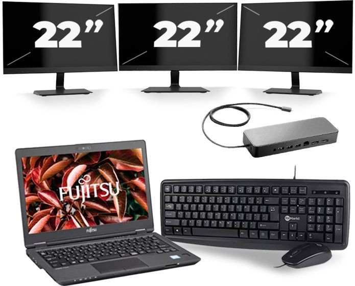 Fujitsu LifeBook U729 - Intel Core i5-8e Generatie - 12 inch - 16GB RAM - 512GB SSD - Windows 11 + 3x 22 inch Monitor Zichtbaar gebruikt