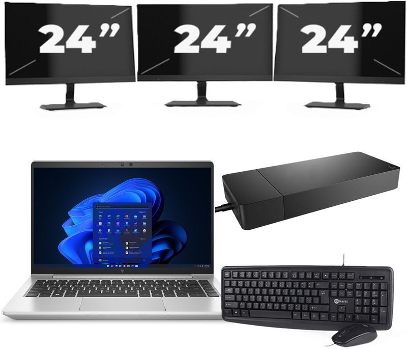 HP EliteBook 645 G9 - AMD Ryzen 5 5625U - 14 inch - 16GB RAM - 256GB SSD - Windows 11 Home + 3x 24 inch Monitor Nette Staat