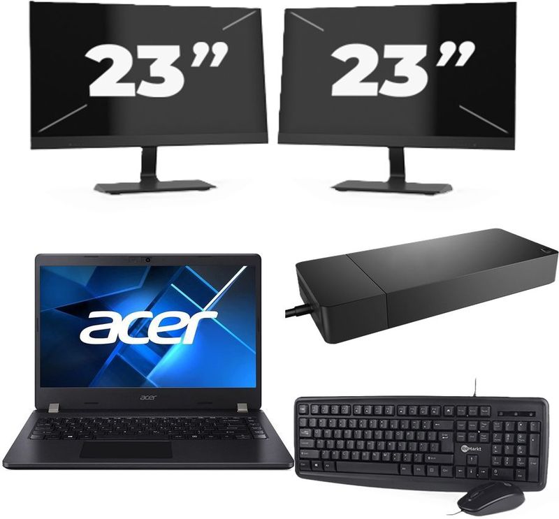 Acer TravelMate P214-53 - Intel Core i5-11e Generatie - 14 inch - 16GB RAM - 256GB SSD - Windows 11 Home + 2x 23 inch Monitor Zichtbaar gebruikt