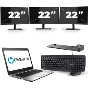HP EliteBook 745 G3 - AMD PRO A10-8700B - 14 inch - 8GB RAM - 256GB SSD - Windows 11 + 3x 22 inch Monitor Zichtbaar gebruikt
