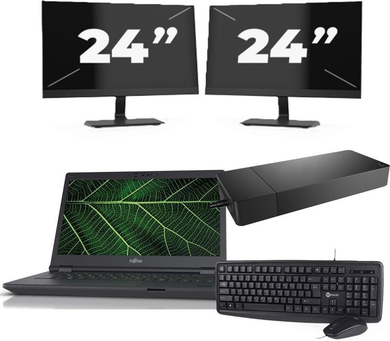 Fujitsu LIFEBOOK E5411 - Intel Core i5-11e Generatie - 14 inch - 16GB RAM - 256GB SSD - Windows 11 Home + 2x 24 inch Monitor Nette Staat