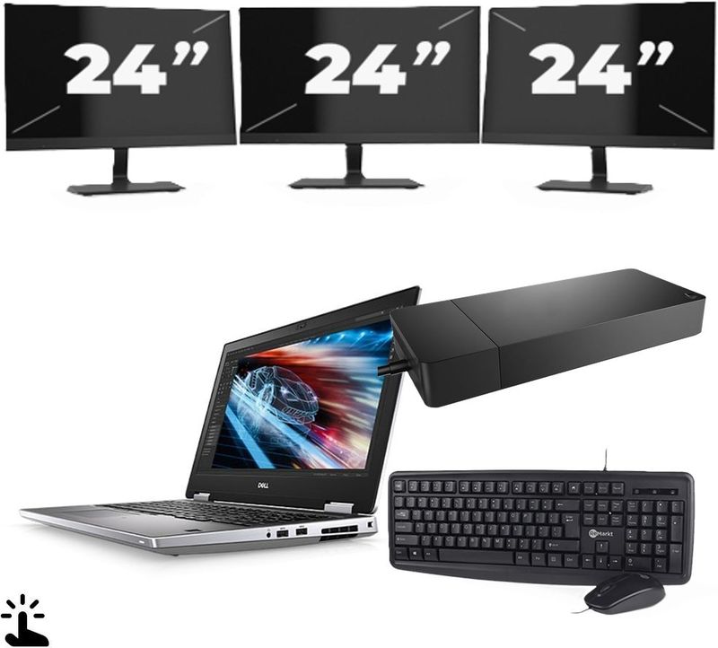 Dell Precision 7540 - Intel Core i7-9e Generatie - 15 inch - Touch - 16GB RAM - 256GB SSD - Windows 11 Home + 3x 24 inch Monitor Zichtbaar gebruikt