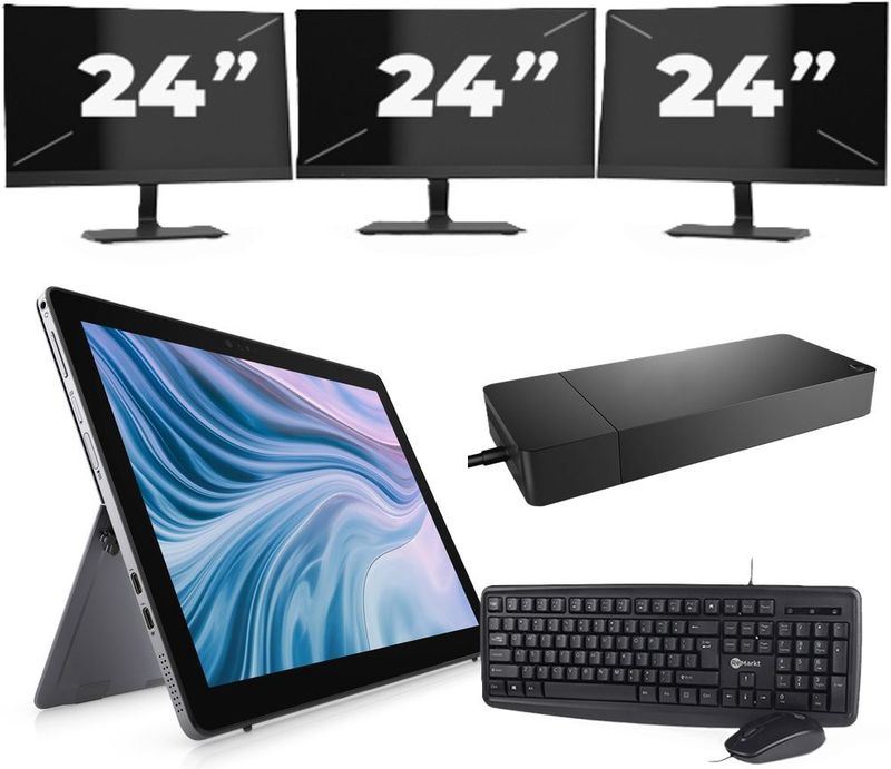 Dell Latitude 7210 - Intel Core i7-10e Generatie - 12 inch - 16GB RAM - 256GB SSD - Windows 11 Home + 3x 24 inch Monitor Zichtbaar gebruikt