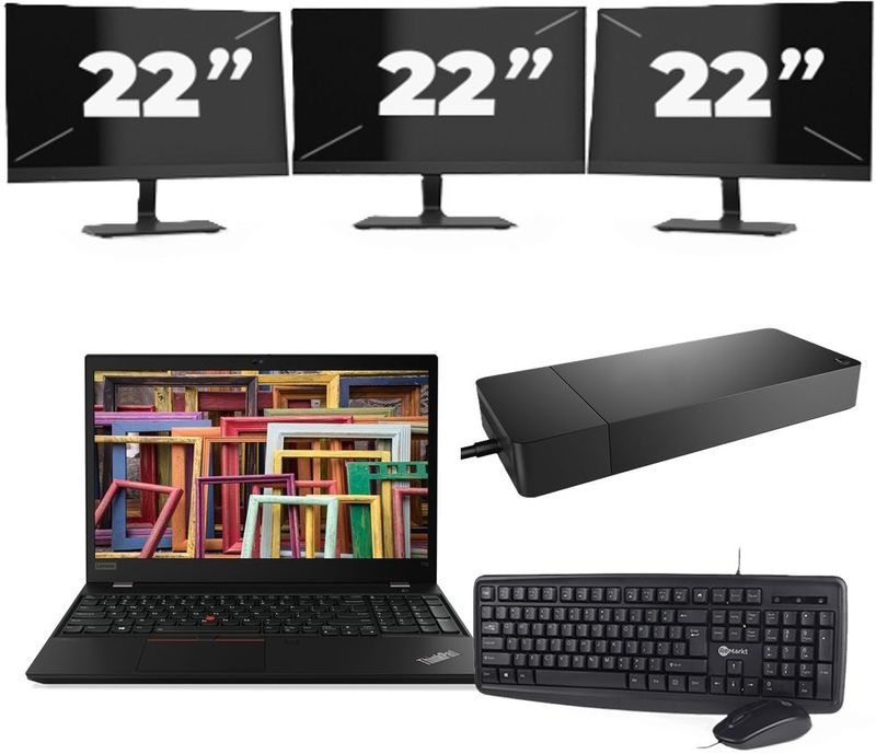 Lenovo ThinkPad T15 - Intel Core i7-10e Generatie - 15 inch - 16GB RAM - 256GB SSD - Windows 11 Home + 3x 22 inch Monitor Nette Staat