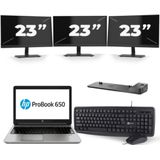HP ProBook 650 G3 - Intel Core i7-7e Generatie - 15 inch - 16GB RAM - 256GB SSD - Windows 11 + 3x 23 inch Monitor Zichtbaar gebruikt