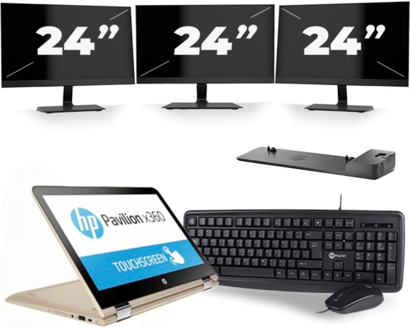 HP Pavilion x360 Convertible 13 - Intel Core i3-6e Generatie - 14 inch - 8GB RAM - 256GB SSD - Windows 11 Home + 3x 24 inch Monitor Zichtbaar gebruikt