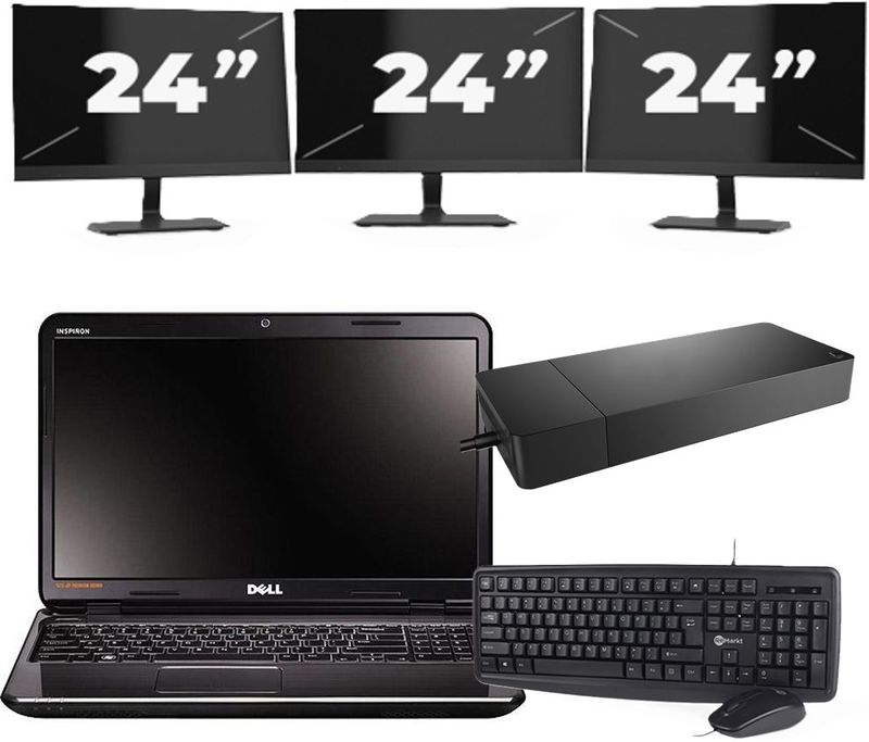 Dell Inspiron N5110 - Intel Core i3-2e Generatie - 15 inch - 8GB RAM - 256GB SSD - Windows 10 Home + 3x 24 inch Monitor Zichtbaar gebruikt
