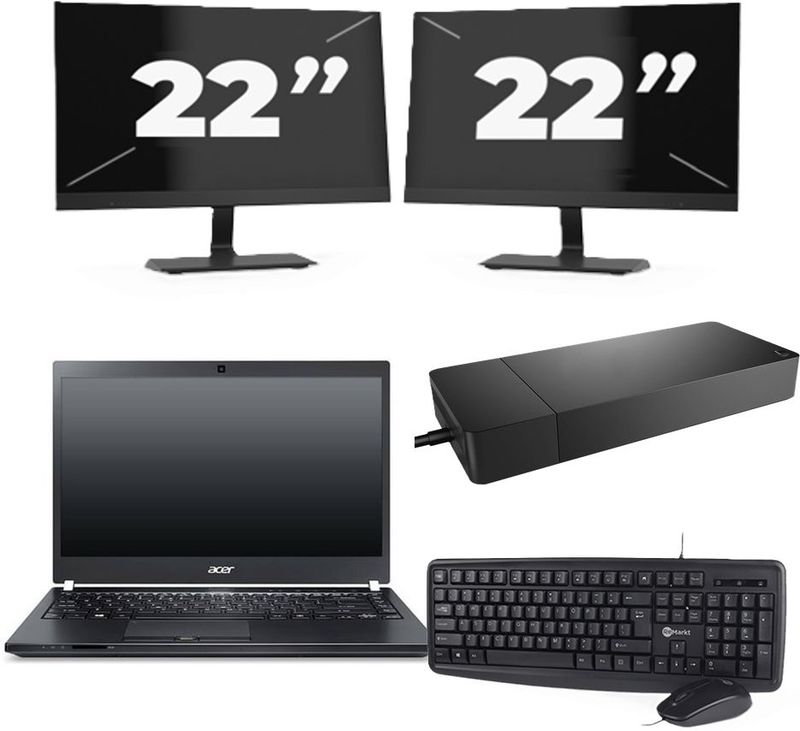 Acer TravelMate P645-SG - Intel Core i7-5e Generatie - 14 inch - 8GB RAM - 256GB SSD - Windows 11 Home + 2x 22 inch Monitor Nette Staat