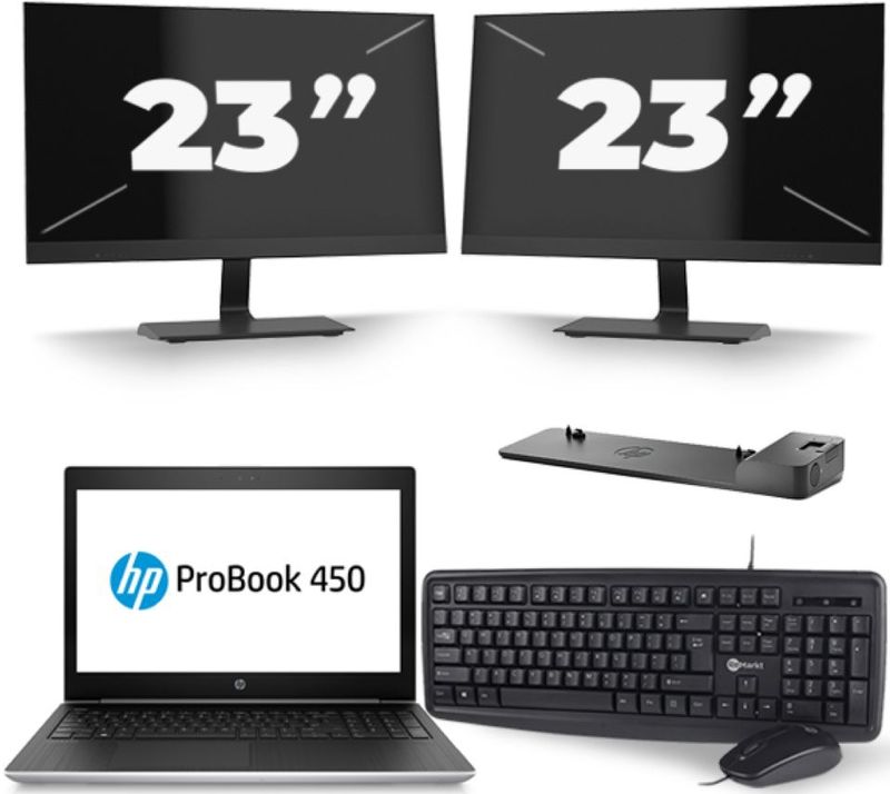 HP ProBook 450 G5 - Intel Core i5-8e Generatie - 15 inch - 16GB RAM - 256GB SSD - Windows 11 + 2x 23 inch Monitor Zichtbaar gebruikt
