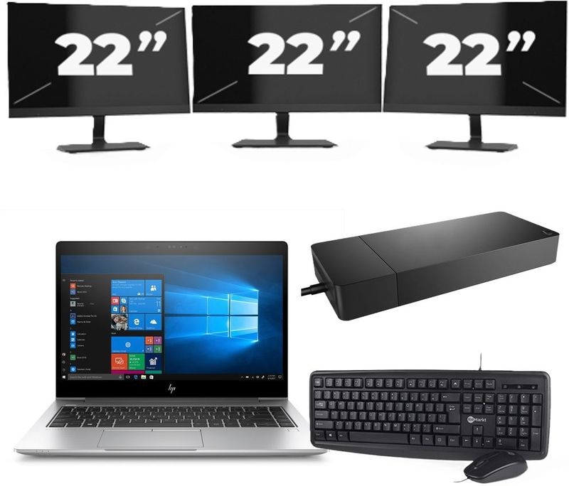 HP EliteBook x360 830 G7 - Intel Core i5-10e Generatie - 13 inch - 16GB RAM - 256GB SSD - Windows 11 Home + 3x 22 inch Monitor Nette Staat