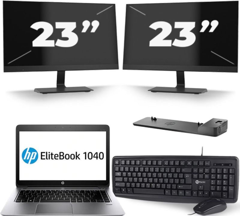 HP EliteBook Folio 1040 G3 - Intel Core i5-6e Generatie - 14 inch - 8GB RAM - 256GB SSD - Windows 11 + 2x 23 inch Monitor Nette Staat