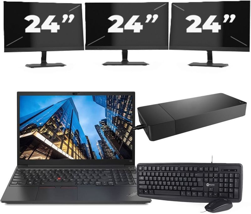 Lenovo E15 - Intel Core i3-10e Generatie - 15 inch - 16GB RAM - 256GB SSD - Windows 11 Home + 3x 24 inch Monitor Zichtbaar gebruikt