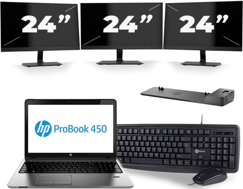 HP ProBook 450 G2 - Intel Core i3-5e Generatie - 15 inch - 8GB RAM - 256GB SSD - Windows 11 + 3x 24 inch Monitor Zichtbare schade