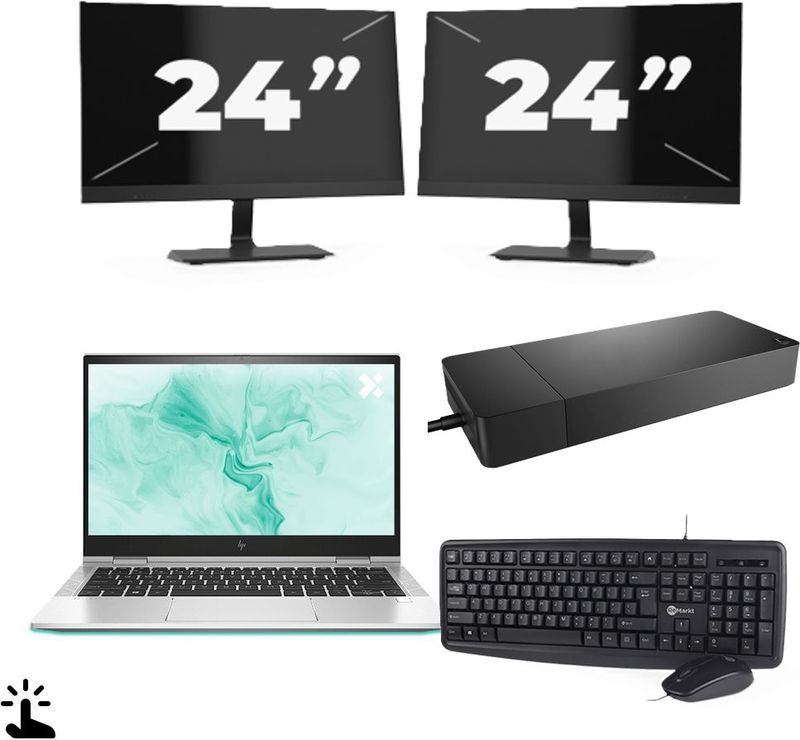 HP EliteBook 830 G8 - Intel Core i7-11e Generatie - 13 inch - Touch - 16GB RAM - 256GB SSD - Windows 11 Home + 2x 24 inch Monitor Zichtbaar gebruikt
