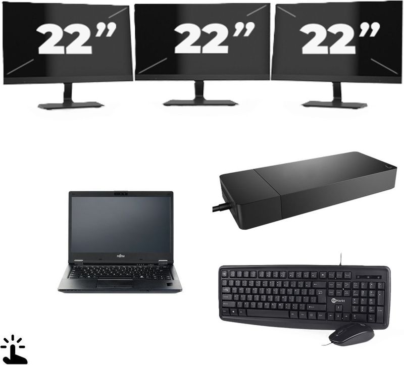 Fujitsu LIFEBOOK E5410 - Intel Core i3-10e Generatie - 14 inch - Touch - 16GB RAM - 256GB SSD - Windows 11 Home + 3x 22 inch Monitor Zichtbaar gebruikt