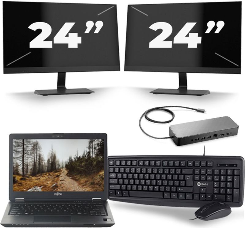 Fujitsu LifeBook U727 - Intel Core i7-7e Generatie - 12 inch - 16GB RAM - 256GB SSD - Windows 11 + 2x 24 inch Monitor Nette Staat