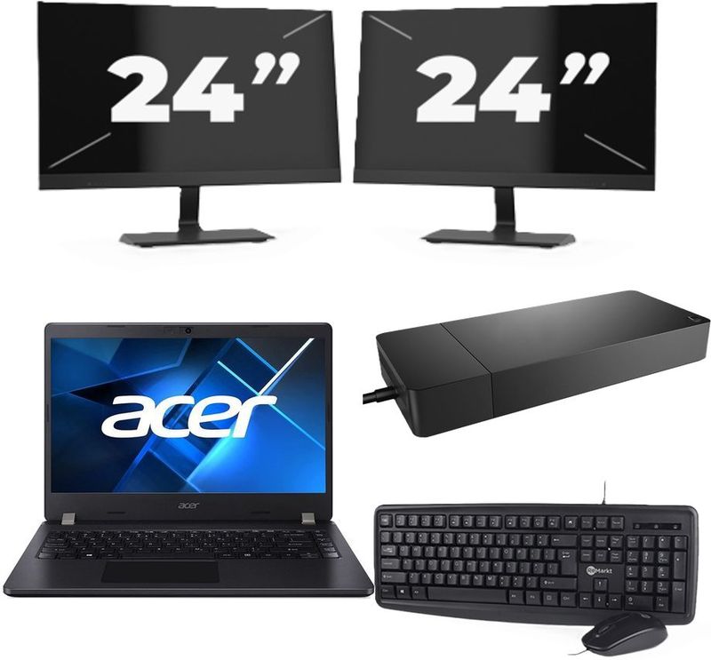 Acer TravelMate P214-53 - Intel Core i3-11e Generatie - 14 inch - 16GB RAM - 256GB SSD - Windows 11 Home + 2x 24 inch Monitor Zichtbare schade