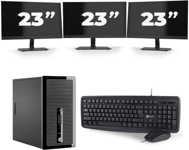 HP ProDesk 400 G3 Micro Tower - Intel Core i5-6e Generatie - 8GB RAM - 256GB SSD - Windows 11 + 3x 23 inch Monitor Nette Staat