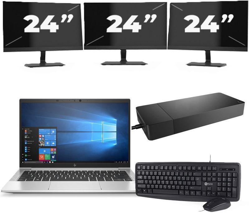 HP EliteBook 835 G7 - AMD Ryzen 3 Pro 4450U - 13 inch - 16GB RAM - 256GB SSD - Windows 10 Home + 3x 24 inch Monitor Nette Staat