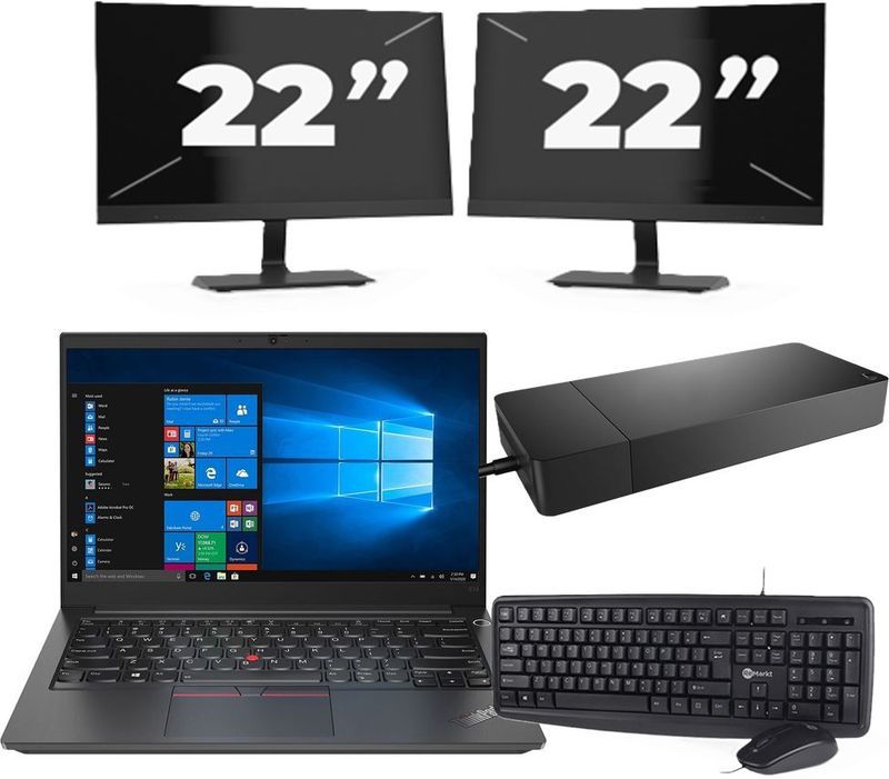 Lenovo ThinkPad E14 Gen 2 - Intel Core i3-11e Generatie - 14 inch - 16GB RAM - 256GB SSD - Windows 11 Home + 2x 22 inch Monitor Zichtbaar gebruikt
