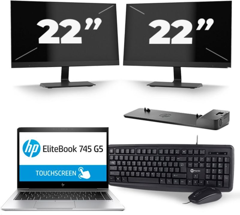 HP EliteBook 745 G5 - AMD Ryzen 7 2700U - 14 inch - 16GB RAM - 256GB SSD - Windows 10 + 2x 22 inch Monitor Nette Staat