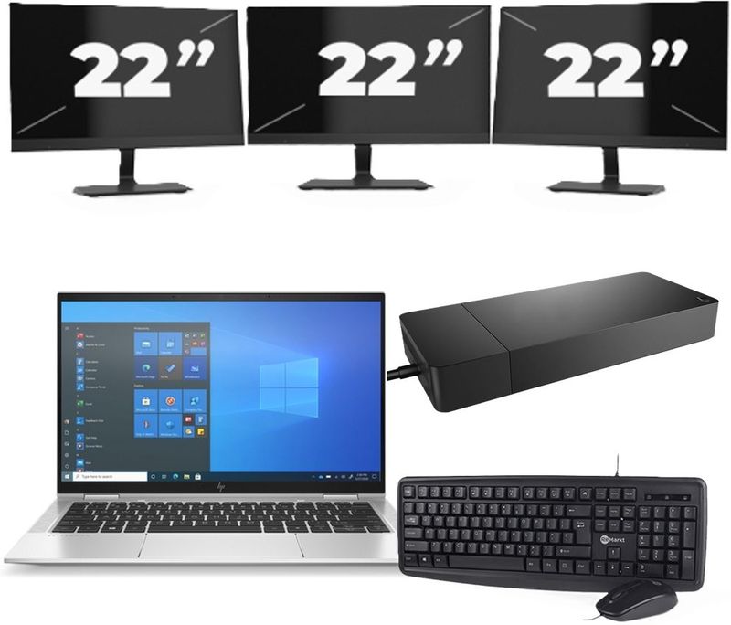 HP EliteBook x360 1030 G8 - Intel Core i7-11e Generatie - 13 inch - 16GB RAM - 256GB SSD - Windows 11 Home + 3x 22 inch Monitor Nette Staat