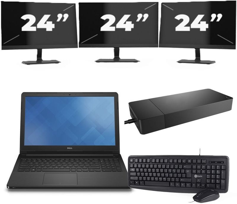 Dell Vostro 15-3568 - Intel Core i3-7e Generatie - 15 inch - 8GB RAM - 256GB SSD - Windows 11 Home + 3x 24 inch Monitor Zichtbare schade