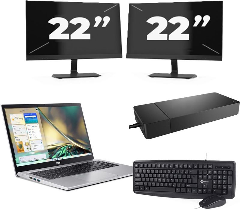 Acer Aspire A315-44P - AMD Ryzen 7 5700U - 15 inch - 16GB RAM - 256GB SSD - Windows 11 Home + 2x 22 inch Monitor Nette Staat