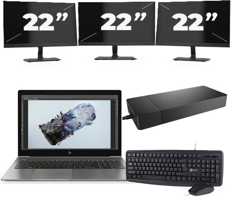 HP ZBook 15u G6 - Intel Core i7-8e Generatie - 15 inch - 16GB RAM - 256GB SSD - Windows 11 + 3x 22 inch Monitor Zichtbaar gebruikt