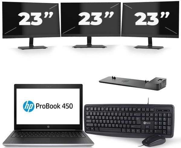 HP ProBook 450 G5 - Intel Core i3-7e Generatie - 15 inch - 8GB RAM - 256GB SSD - Windows 11 + 3x 23 inch Monitor Zichtbaar gebruikt