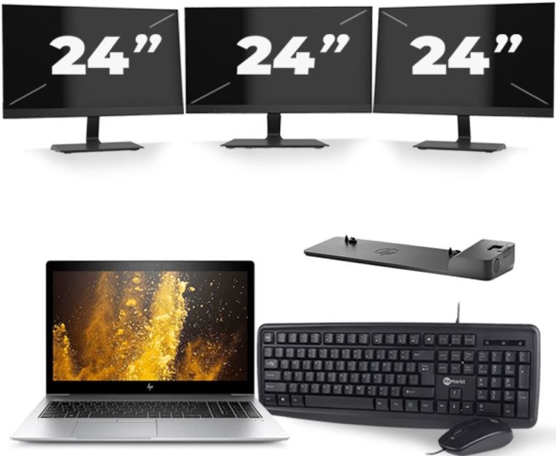 HP EliteBook 850 G5 - Intel Core i7-8e Generatie - 15 inch - 16GB RAM - 256GB SSD - Windows 11 + 3x 24 inch Monitor Zichtbaar gebruikt